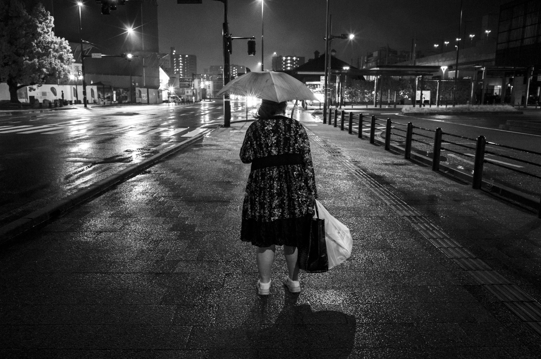 The rain rewrites the road twice — once falling, once reflected.