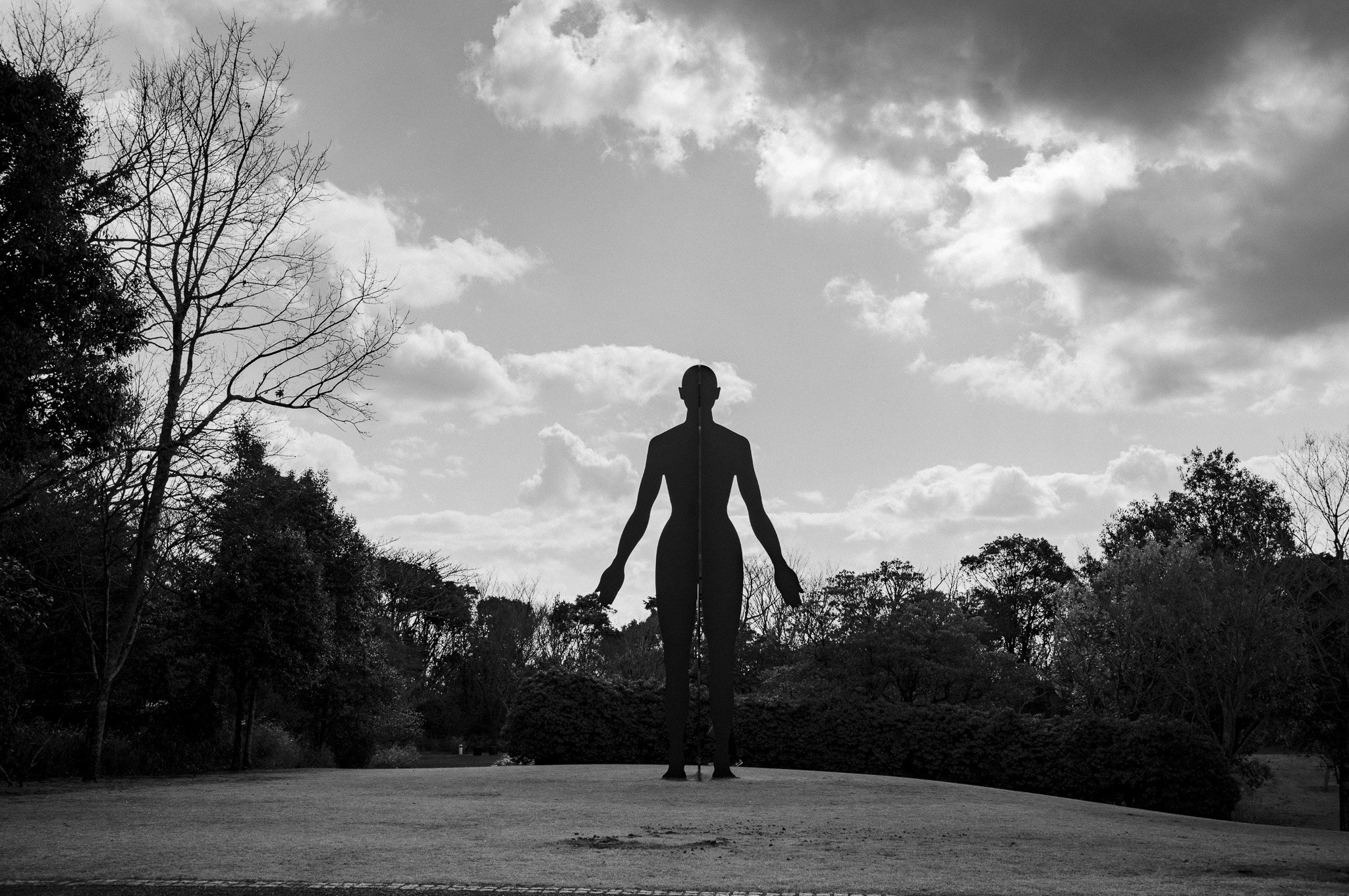 Arms slightly open, as if the sky might still say something back.